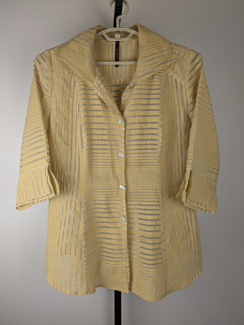IC by Connie K yellow sheer striped button front top bamboo poly blend